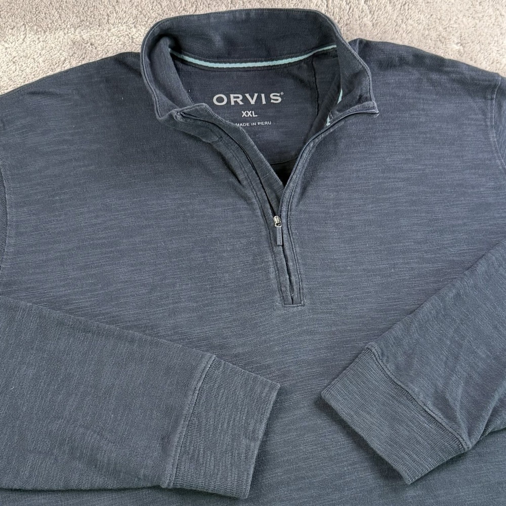 Orvis Quarter Zip Pullover‎ Mens XXL Blue 100% Cotton Mock Neck Long Sleeve